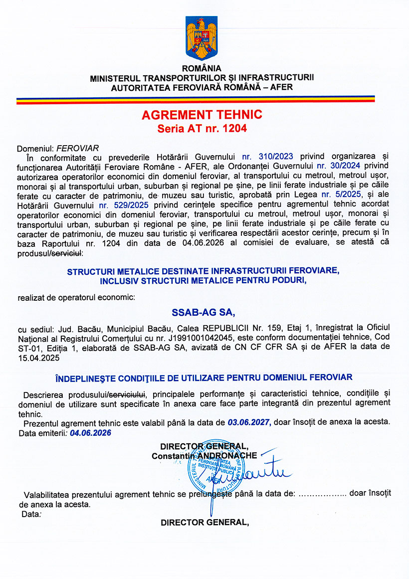 Agrement Tehnic Structuri Metalice Destinate Infrastructurii Feroviare Inclusiv Structuri Metalice Pentru Poduri