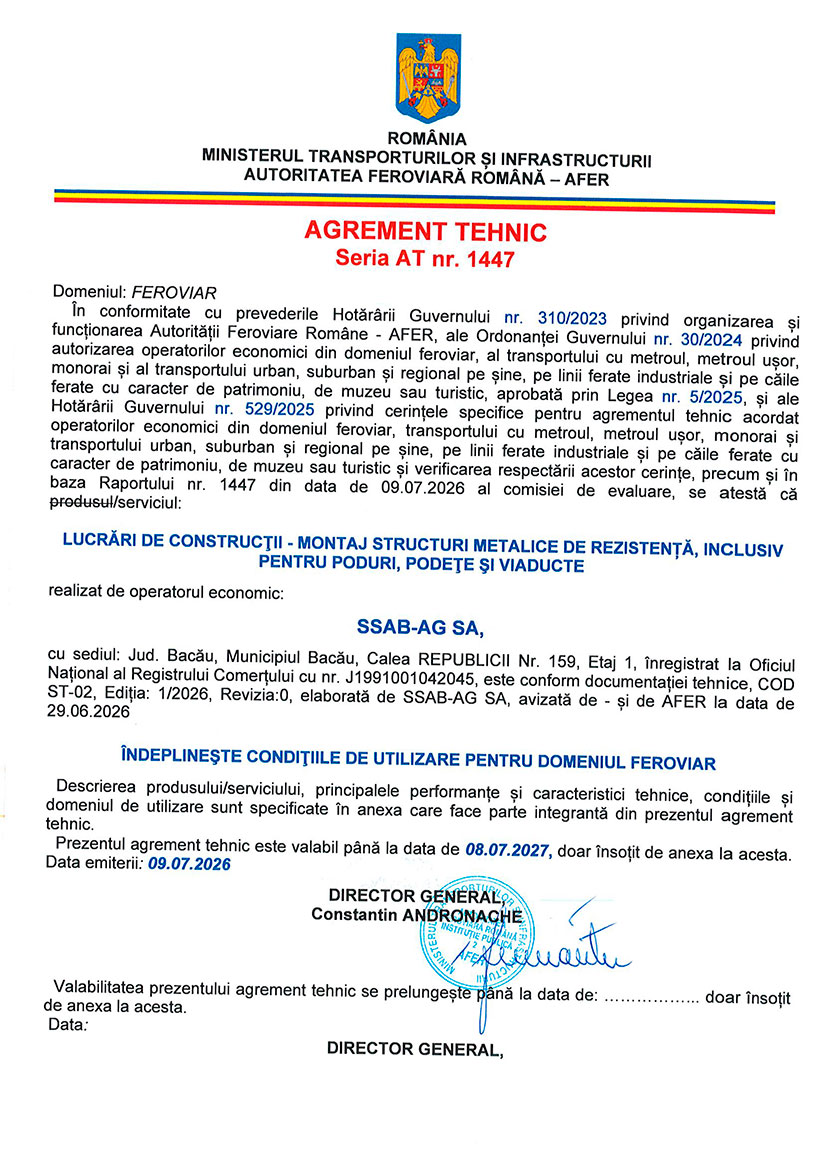 Agrement Tehnic Lucrari De Constructii-montaj Structuri Metalice De Rezistenta, Inclusiv Pentru Poduri, Podete Si Viaducte