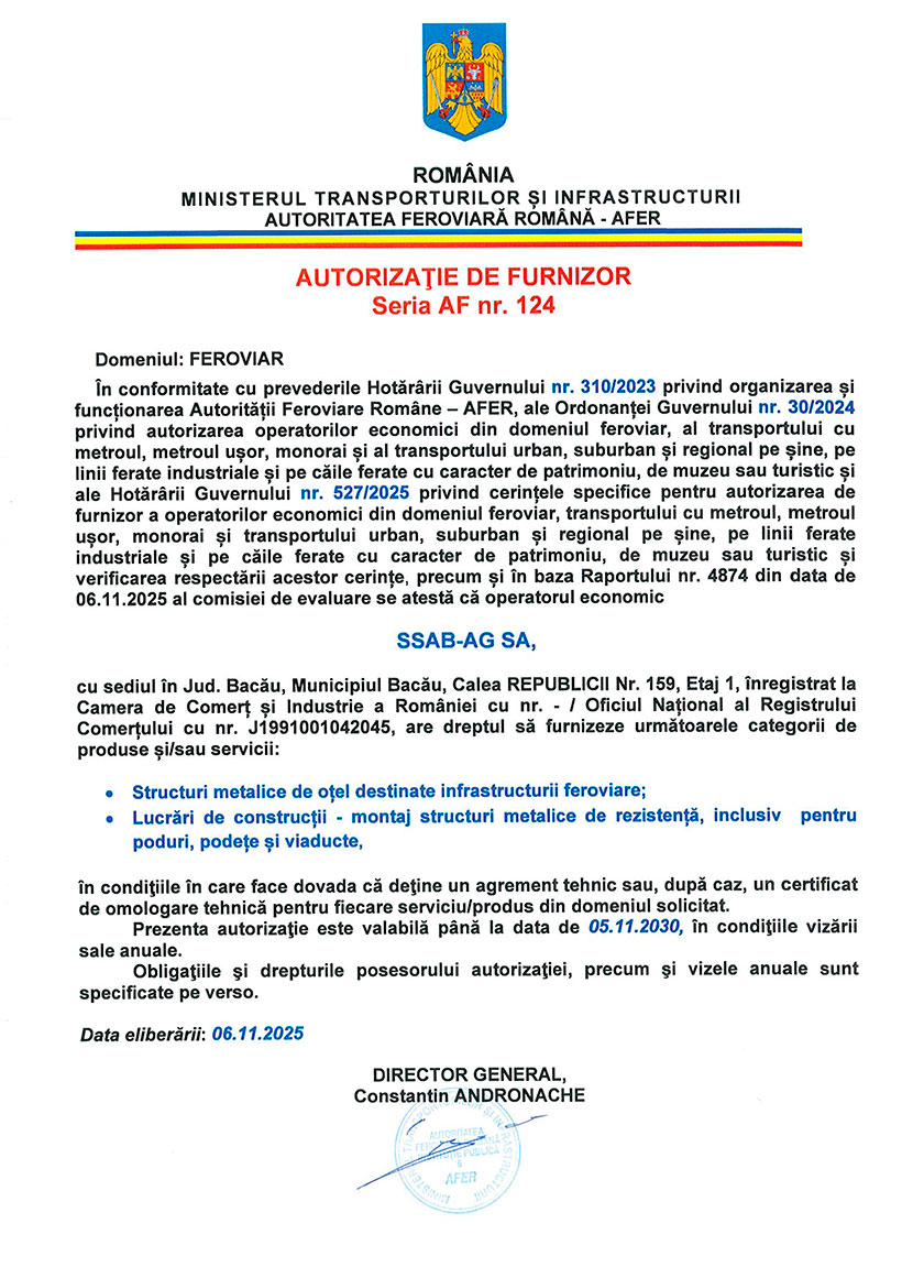 Autorizație De Furnizor Feroviar Structuri Metalice Destinate Infrastructurii Feroviare