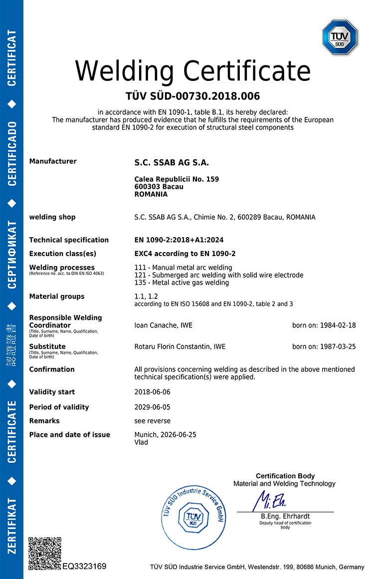 Certificate TUV For Manual Metal Arc Welding, Submerged Arc Welding With Solid Wire Electrode, Metal Active Gas Welding