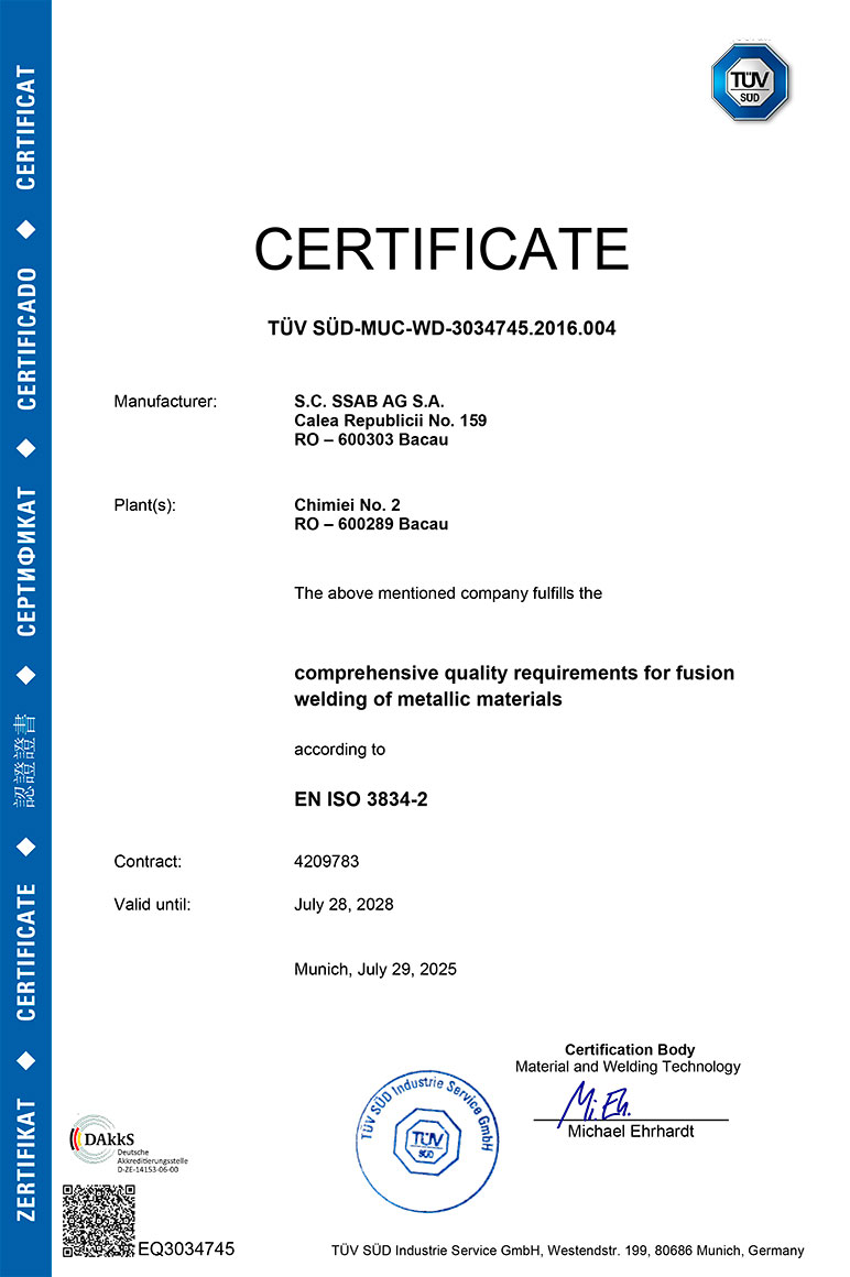 Certificate TUV For Comprehensive Quality Requirements For Fusion Welding Of Metallic Materials