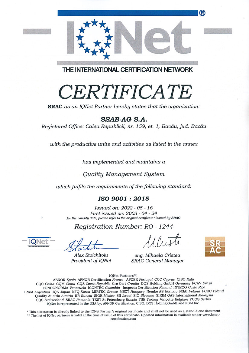 Certificat SRAC Sistem De Managementul Calității ISO 9001:2015