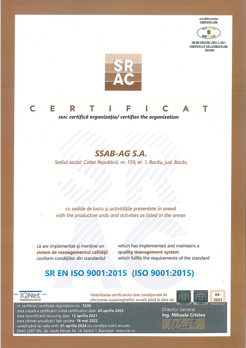 Certificat SRAC Sistem De Managementul Calității ISO 9001:2015