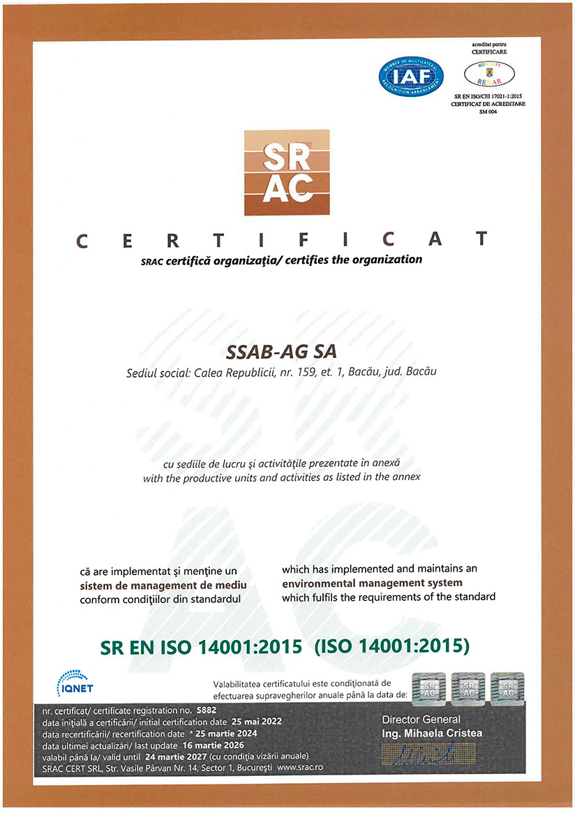 Certificat SRAC Sistem De Management De Mediu SR EN ISO 14001:2015