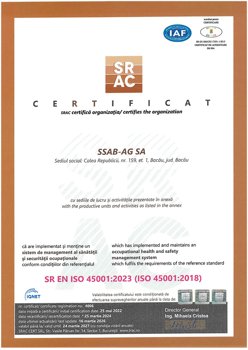 Certificat SRAC Sistem De Management Al Sănătății și Securității Ocupaționale SR EN ISO 45001:2018
