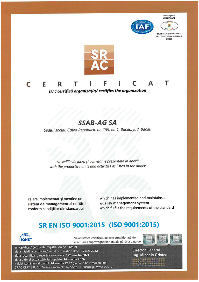 Certificat SRAC Sistem De Managementul Calității SR EN ISO 9001:2015